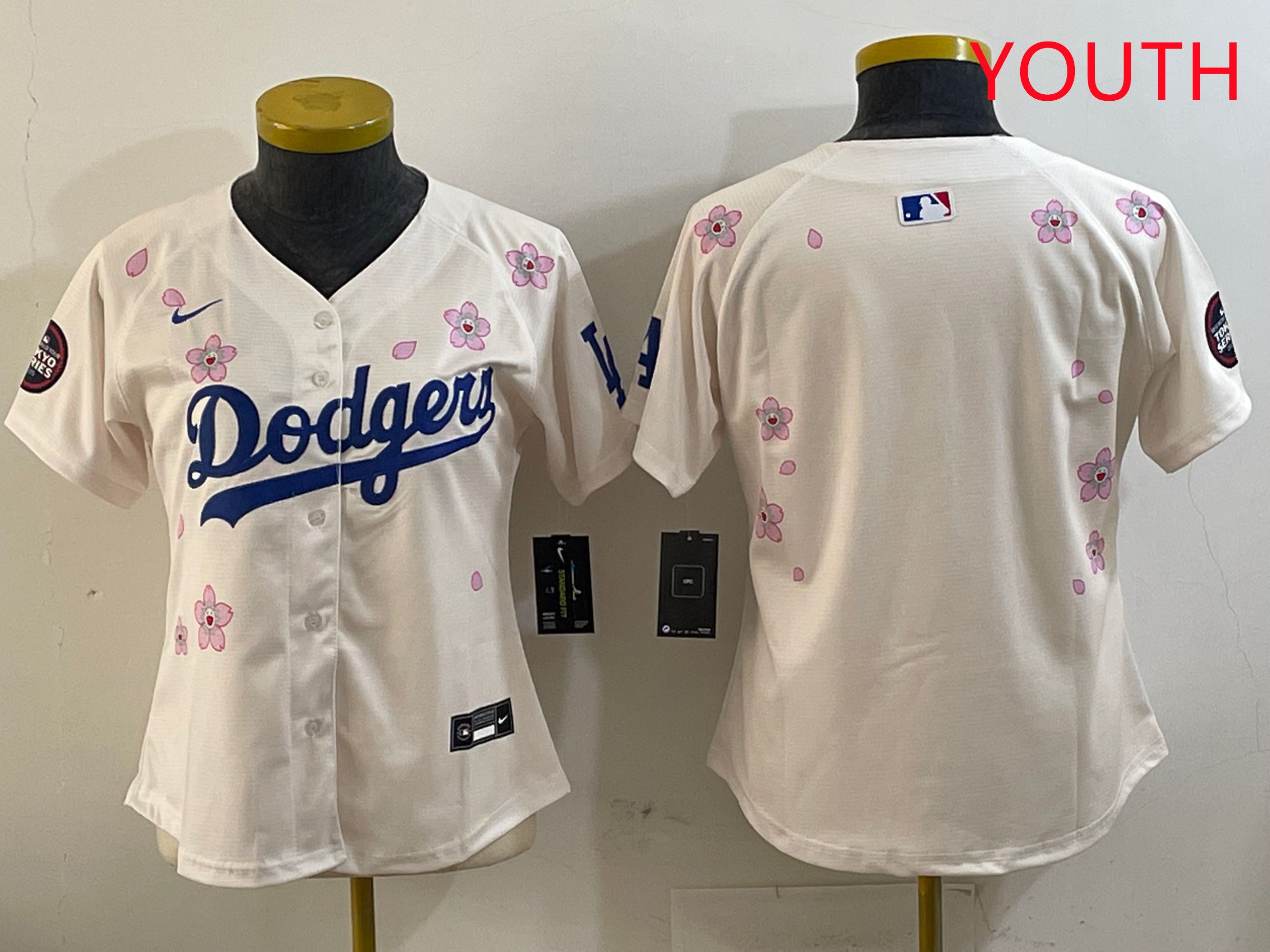 Youth Los Angeles Dodgers Blank Cream Sakura Edition 2025 Nike MLB Jersey style 1->youth mlb jersey->Youth Jersey